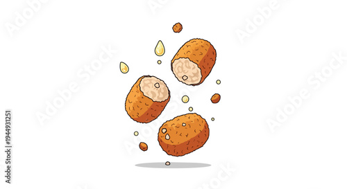 Hand Drawn Illustration of Crispy Fried Croquettes Floating with Ingredients