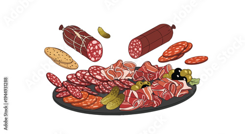 Assorted Charcuterie Board with Salami and Pickles Illustration