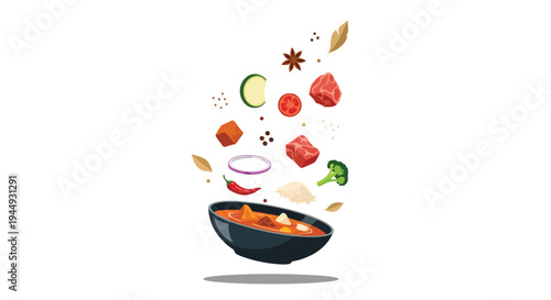 Cooking Soup with Flying Fresh Ingredients in a Bowl