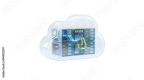 3D rendering of futuristic server room with glowing blue data center and cloud computing hologram