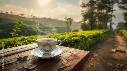 a cup of warm tea on the table in the middle of a green tea plantation