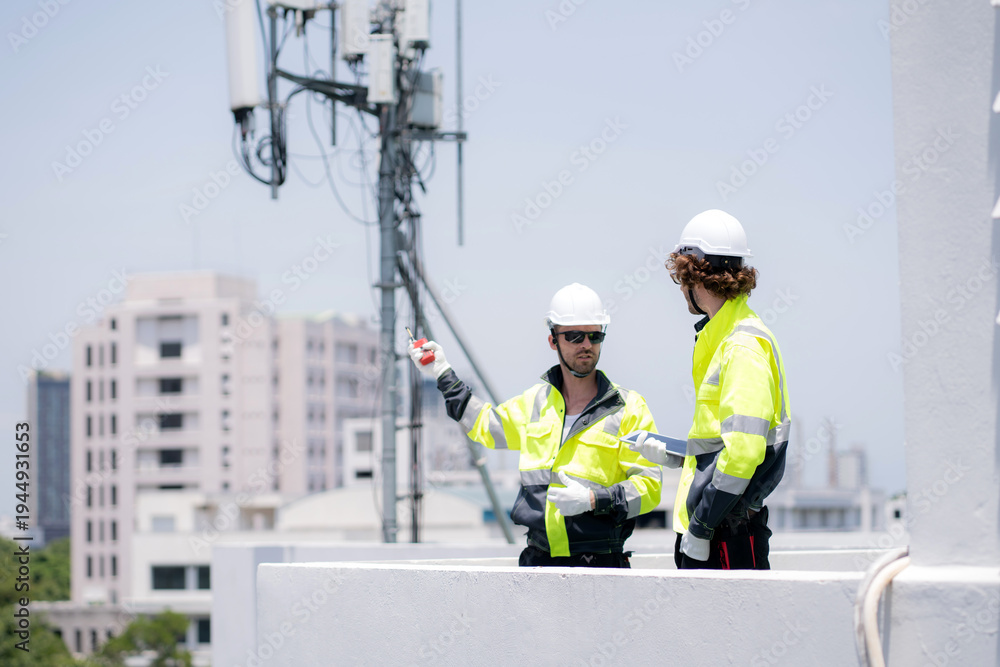 Fototapeta premium Two technician team talking collaboration working on rooftop building about communication transmitter system, development engineering and support maintenance, telecommunication and signal inspection.