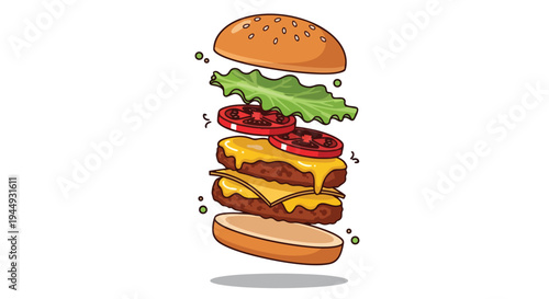 Exploded View of a Delicious Cheeseburger with Floating Ingredients