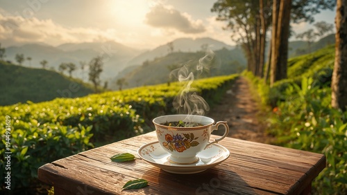 a cup of warm tea on the table in the middle of a green tea plantation