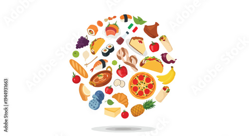 Diverse International Food Collection Arranged in a Circular Composition