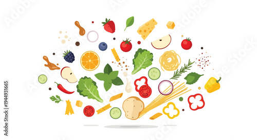 Healthy Food Ingredients Flying in Air Isolated on White Background