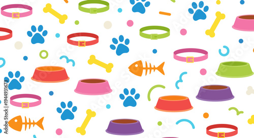 Colorful Pet Accessories Seamless Pattern with Paw Prints Bowls and Collars Flat Vector