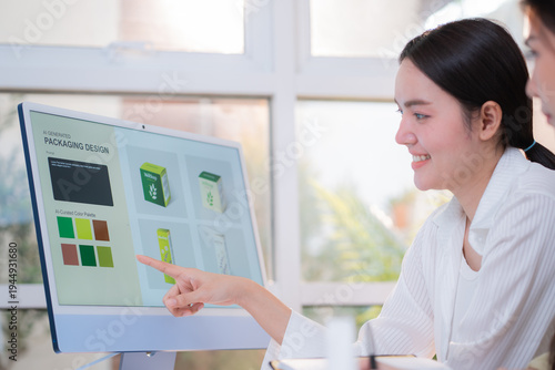 Two asian woman designer using AI artificial intelligence assistant for cosmetic packaging design development, team business marketing planning creative, product design project with AI for idea.