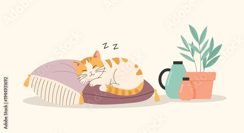 Cute Sleeping Cat on Pillow Cozy Home Scene Flat Vector Illustration