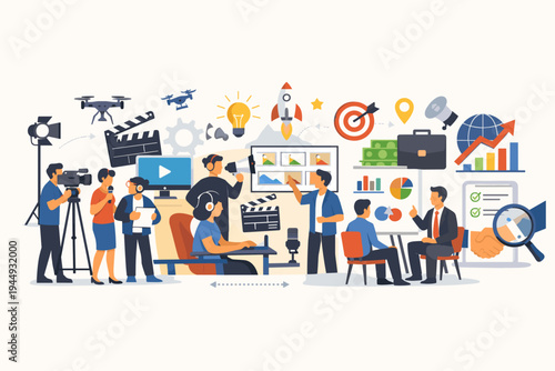 Media production process and business management vector illustration featuring video filming, content creation, digital marketing strategy, teamwork, creative agency workflow, and startup launch.
