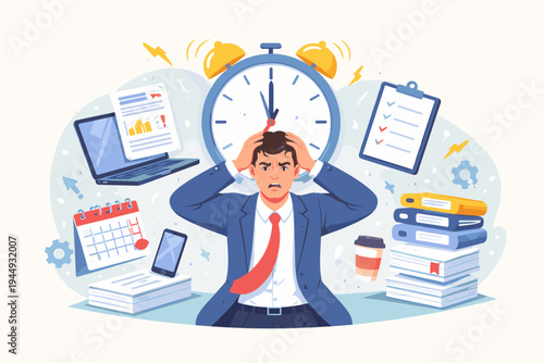 Stressed Businessman Under Pressure of Time and Deadlines, Overwhelmed by Heavy Workload, Multitasking with Laptop, Calendar, and Documents, Flat Vector Illustration of Work Burnout and Anxiety