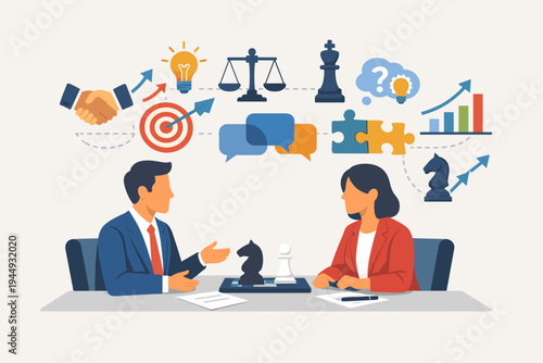 Professional business negotiation and strategic planning concept illustration featuring a man and woman playing chess with icons for partnership, goals, law, ideas, growth, and teamwork.