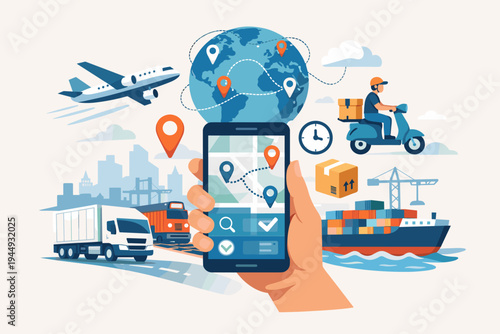 Global Logistics and Transportation Network Concept with Mobile App Tracking for Cargo Shipping, Delivery Services via Plane, Truck, Train, Ship, and Scooter in a Modern Flat Vector Illustration