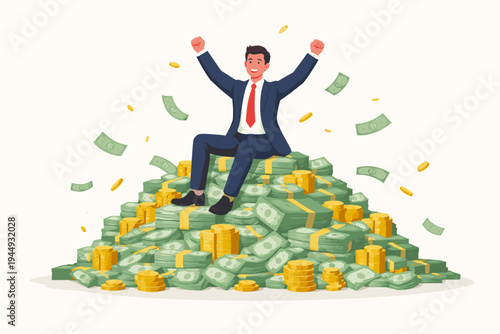Successful Businessman Sitting on a Huge Pile of Cash and Gold Coins with Banknotes Falling Around Him, Flat Vector Illustration of Financial Success, Wealth, Profit, and Business Achievement
