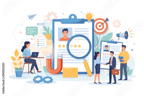 Recruitment Agency Banner Illustration for Talent Acquisition, Human Resources Management, Job Search, Hiring Process, Candidate Selection, Professional Networking, and Career Development.