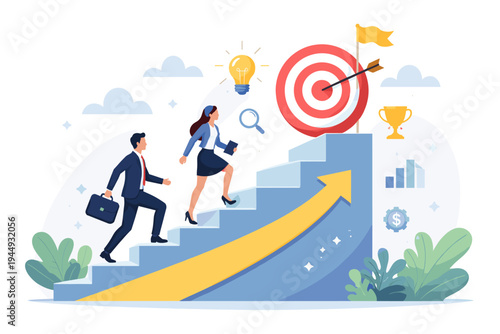 Professional businessman and businesswoman climbing stairs to reach a target mission. Vector illustration of career growth, success, achievement, and ambition in corporate leadership and goals.