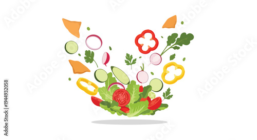 Fresh Salad Ingredients Flying in Air Isolated on White Background