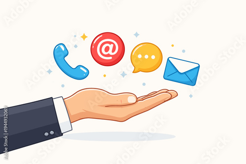Business Man Hand Holding Contact Us Symbols Like Phone, Email, At Sign and Chat Bubble. Flat Vector Illustration for Customer Service, Support, Help Desk, and Communication Channels Concept.