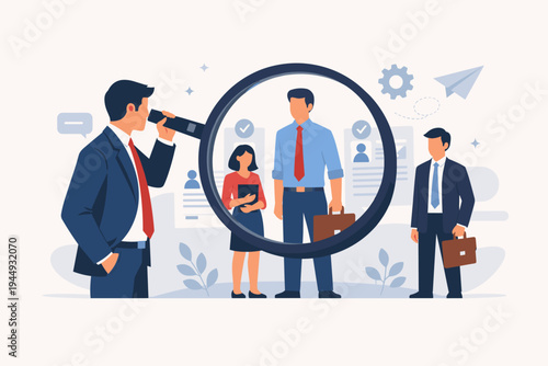 Recruitment and Hiring Concept Vector Illustration of a Businessman Looking Through a Magnifying Glass at Job Applicants, Human Resources Management, Talent Search, and Employment Selection.