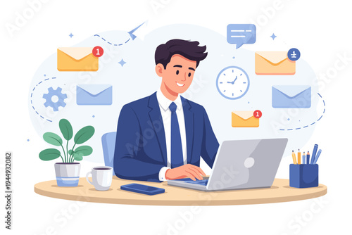 Professional businessman in a blue suit sitting at a desk working on a laptop, managing digital communication and emails with floating icons of envelopes, clock, and chat bubbles in flat vector.