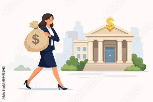 Businesswoman Carrying a Large Sack of Money with a Dollar Sign Towards a Bank Building. Flat Vector Illustration of Financial Success, Wealth Management, Investment, and Banking Services.
