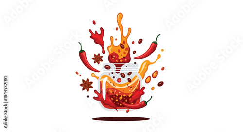 Spicy Chili Oil Jar with Hot Peppers and Spices Splash Illustration