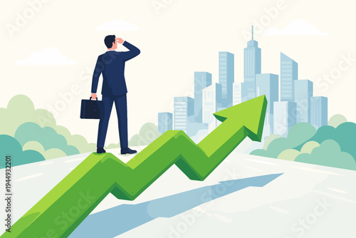 Businessman in a suit standing on a large green upward arrow looking at a city skyline, representing business growth, financial success, career progress, future vision, and economic achievement.