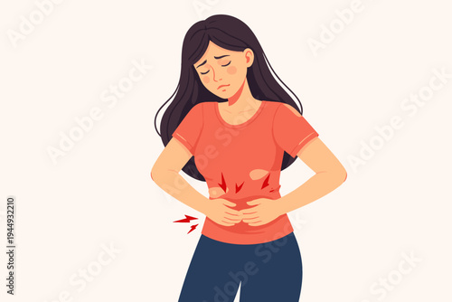 Vector illustration of a young woman suffering from severe stomach ache, abdominal pain, or menstrual cramps, holding her belly in discomfort, isolated on a light background for medical concepts.