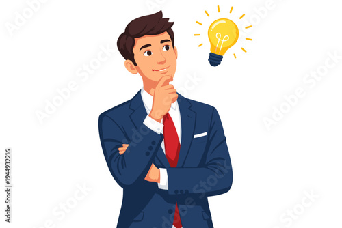 Vector illustration of a professional businessman in a navy blue suit and red tie thinking deeply with a glowing yellow light bulb above his head, representing a bright idea, creative solution.