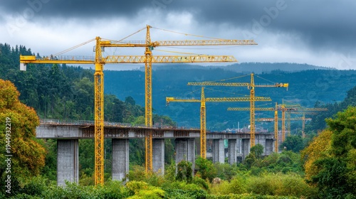 Construction site with yellow cranes and cloudy sky over green landscape and bridge under construction in rural area