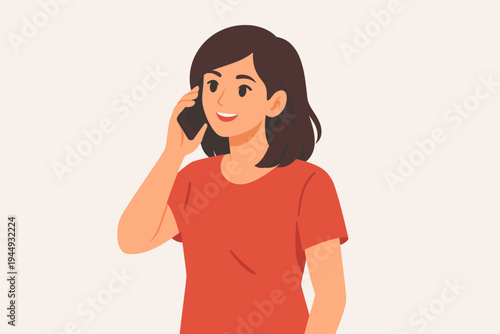 Vector illustration of a cheerful young woman with brown hair in a red shirt having a conversation on her mobile phone, smiling while talking on a cellphone, isolated on a neutral background.