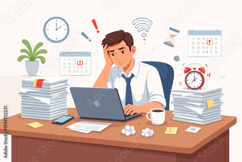 Stressed Businessman Sitting at Desk in Office with Stacks of Paperwork, Laptop, Ringing Alarm Clock, and Calendars, Feeling Overwhelmed by Tight Deadlines and Heavy Workload Vector Illustration.