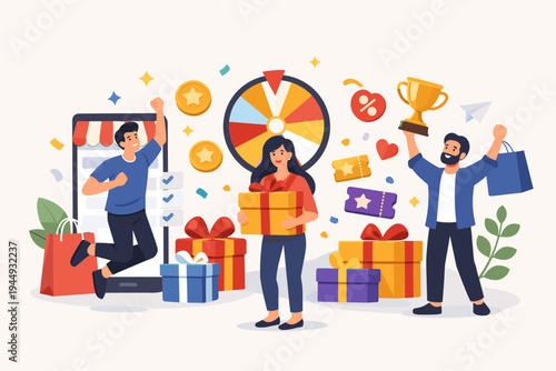 Happy customers celebrating rewards and gifts from online shopping loyalty program with wheel of fortune, trophy, and gift boxes on smartphone app background, flat vector illustration.