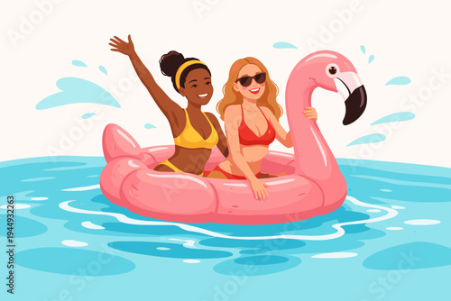 Vector Illustration of Two Happy Diverse Women in Bikinis Enjoying Summer Vacation in a Swimming Pool on a Large Pink Flamingo Inflatable Float, Friends Having Fun in Water on a Sunny Day.