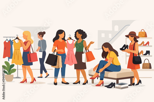 Flat vector illustration of women shopping for clothes and shoes in a retail store, browsing dresses on a rack, trying on footwear, and carrying shopping bags in a modern boutique setting.