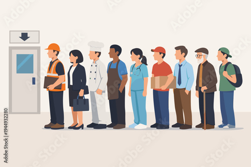 Diverse group of people from various professions standing in a long queue to claim unemployment benefits, including a construction worker, nurse, chef, and office worker, flat vector illustration.