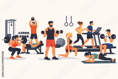 Vector Illustration of Men and Women Exercising in a Modern Gym with Various Fitness Equipment, Including Treadmills, Barbells, and Dumbbells for Weightlifting, Cardio, and Strength Training.