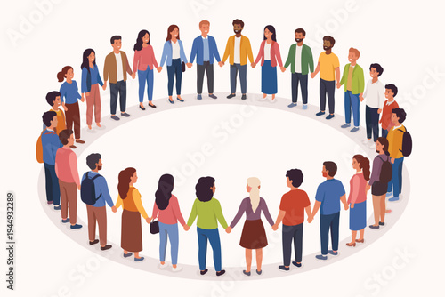 Diverse Group of People Standing in a Circle Holding Hands, Multi-ethnic Men and Women Representing Unity, Community, Friendship, Global Cooperation, and Teamwork, Flat Vector Illustration
