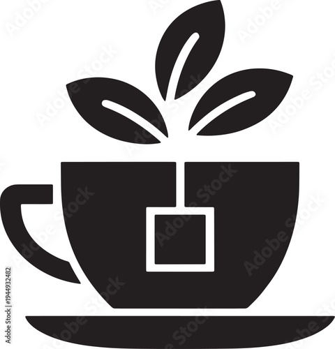 Black silhouette of a teacup with a tea bag and leaves on a saucer
