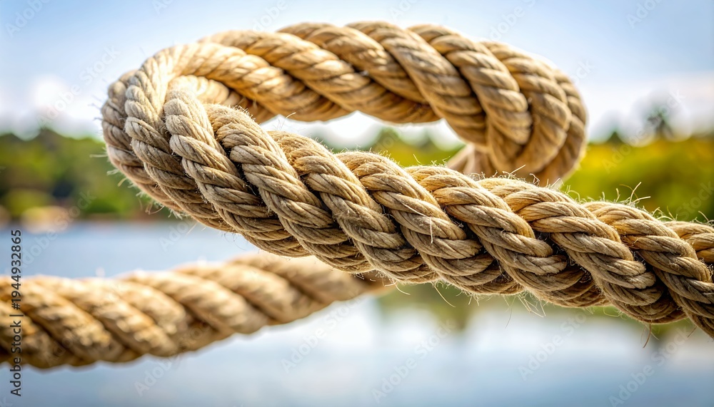 Fototapeta premium Close up of a thick nautical rope with a loop, against a blurred background