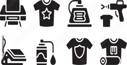 Collection of black depicting t-shirt customization and printing equipment t-shirt printing