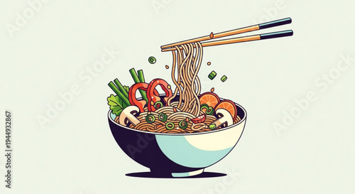 Delicious ramen noodle soup with vegetables and chopsticks on a plate
