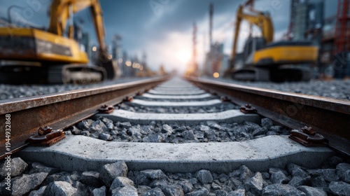 Rail Tracks Leading Towards Construction Site at Sunset with Heavy Machinery in Background