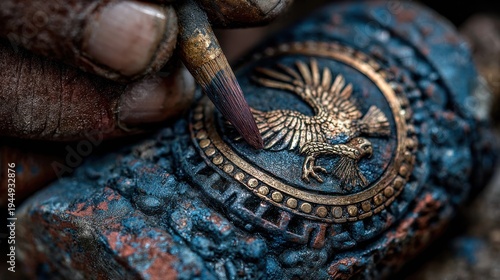 A hand paints details on an ornate, aged, gold eagle emblem