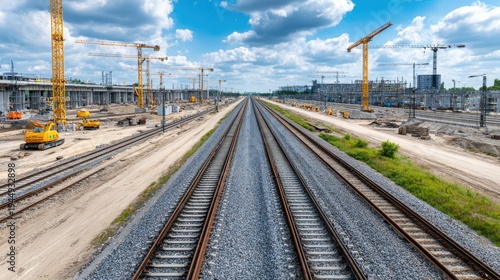 Construction Site with Railway Tracks Under Blue Sky and White Clouds Showcasing Industrial Development Process