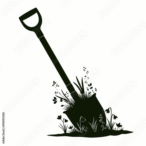 A black silhouette of a garden spade partially submerged in earth is surrounded by small sprouting wildflowers and foliage.