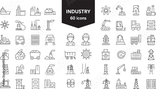 Collection of sixty black and white line representing various industrial and concepts