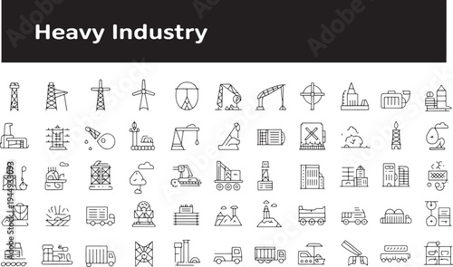 Collection of black line representing heavy industry and construction factory crane