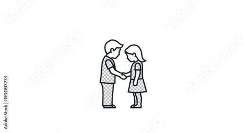 A boy and a girl shaking hands in a simple line drawing style with a white background