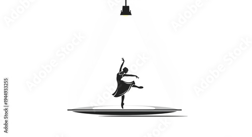 Ballet dancer performing on a circular platform under spotlight dramatic pose with raised arm and flowing skirt black silhouette on white background